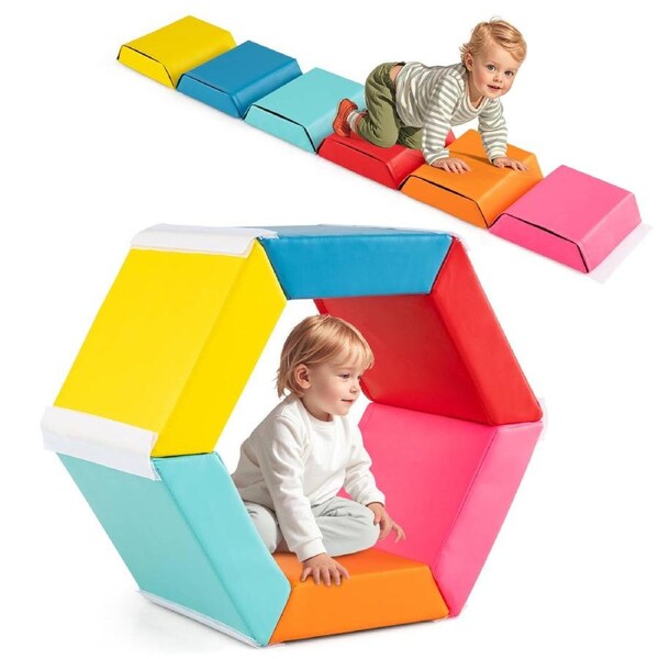 Costway Hexagon Ball Pit Exercise Tumble Mat w/Detachable PU Covers Hook & Loop Fasteners Foam Climbing Blocks