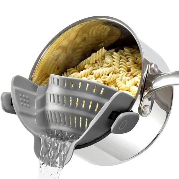 Gemsie Strainer and Pasta - Adjustable Silicone Clip On for Pots, Pans, Bowls, Kitchen Gadget, Gadgets Home, Must Haves, Fits All Bowls Pots Grey 9.05''x4.92''x2.63''