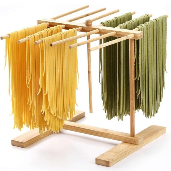 8SOM Bamboo Pasta Drying Rack with Transfer Wand and 12 Bars, Easy to Transfer for Drying Pasta and Cooking, Special Suspension Design for Large Storage