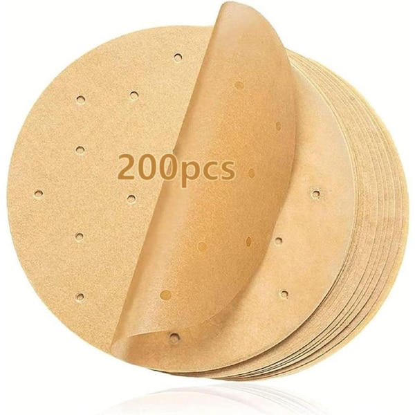 200pcs 8in Air Fryer Parchment Paper Liners, Unbleached Disposable Airfryer Liners, Non Stick Perforated Parchment Sheets, Round Bamboo Steamer Paper for Cake Pan Basket Baking Ovening