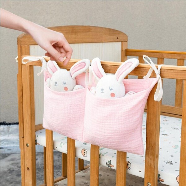Double Layer Pure Cotton Bedside Storage Bag Double Pocket Stroller Hanging Bag