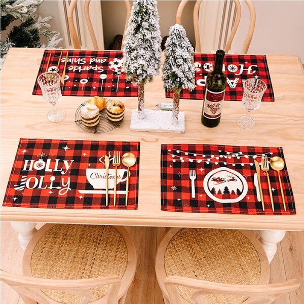 6Pcs Christmas Placemat Desktop Decor Red And Black Checkered Printed Placemats