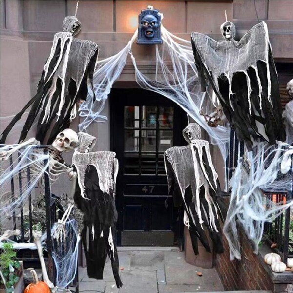 3Set Halloween Decorative Hanging Ghost Skull Skeleton Gauze Haunted Props