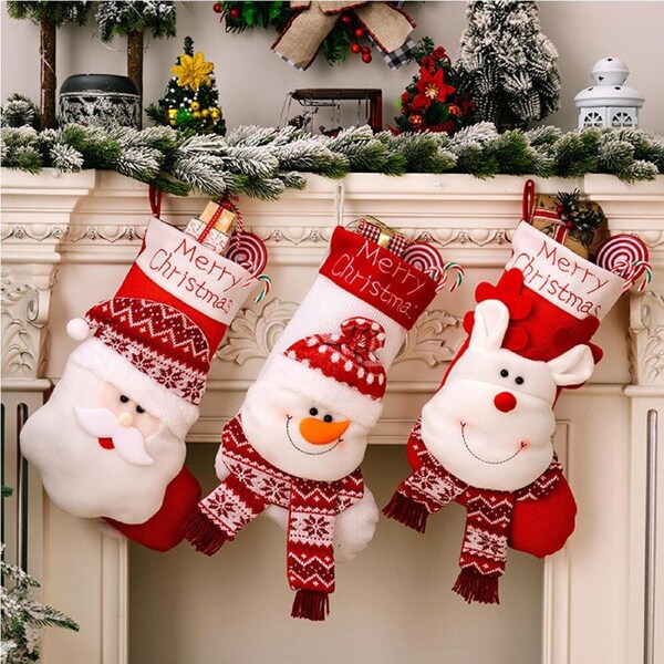 3 Pack Christmas Gift Bag Socks Christmas Stocking Hanging Xmas Tree Ornaments