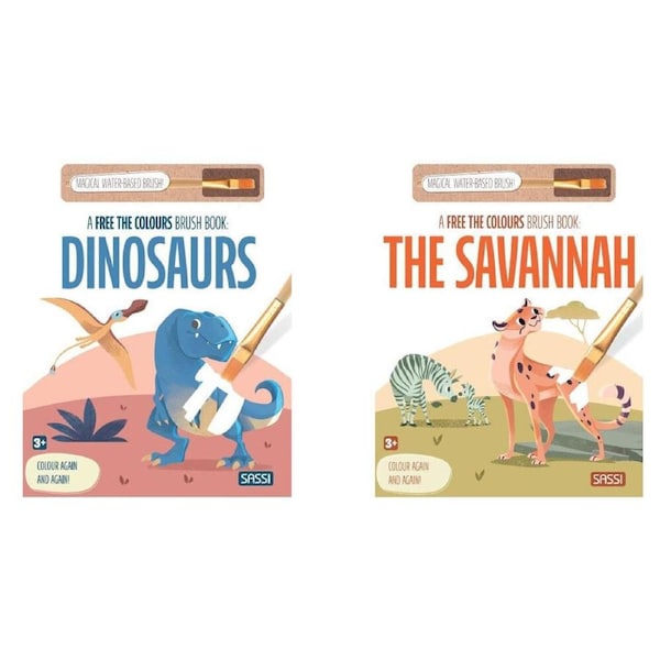 2pc Sassi Free the Colours Paint Brush Book - The Savannah and Dinosaurs Set 3y+
