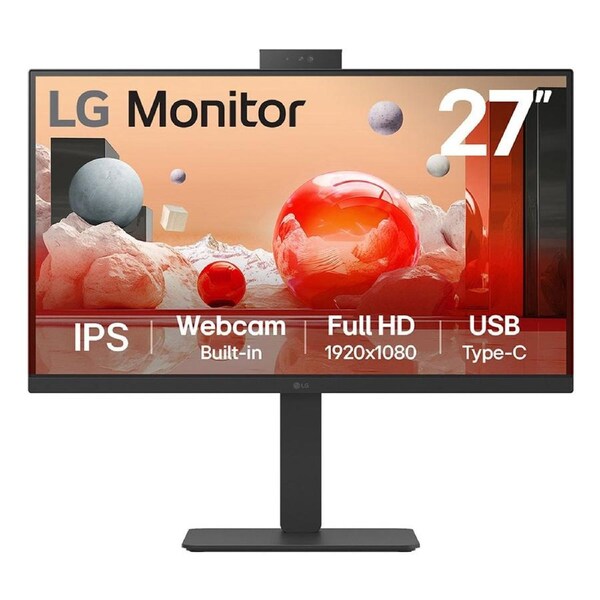 LG 27' IPS FHD 1920 x 1080, Webcam, USB-C (PD65w) 100Hz 5ms, AMD FreeSync 16:9 Tilt/Height/Swivel/Pivot (Bi-direction) adjustable stand, 3yrs Monitor