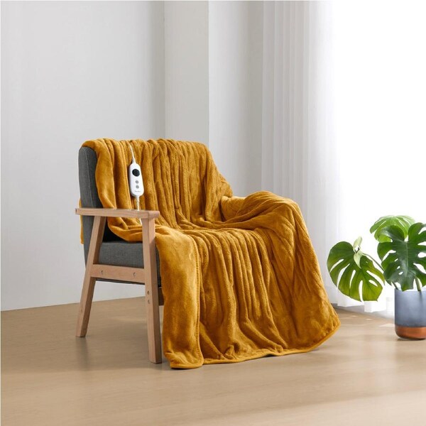 Dreamaker Coral Fleece Electric Heated Throw Blanket Washable Mustard 130x160cm