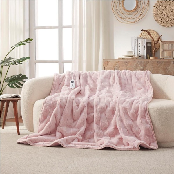 Dreamaker Basketweave Faux Fur Electric Heated Throw Blanket Blush Pink 180x200cm