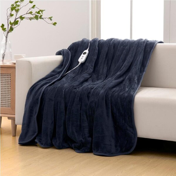Dreamaker Kingston Coral Fleece Electric Heated Throw Blanket Washable Midnight Blue 180x200cm