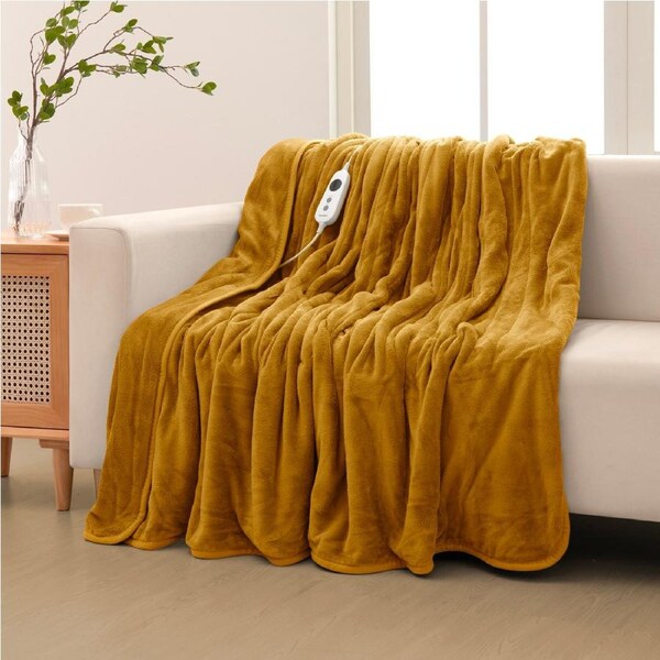 Dreamaker Coral Fleece Electric Heated Throw Blanket Washable Mustard 180x200cm