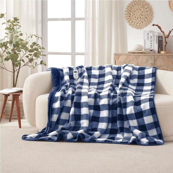 Dreamaker Gingham Plush Heated Throw Midnight Blue - 180x200cm