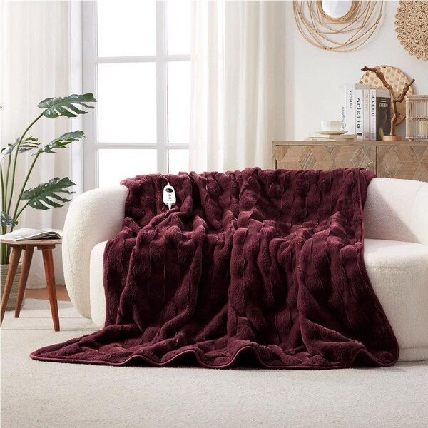 Dreamaker Basketweave Faux Fur Electric Heated Throw Blanket Cherry 180x200cm