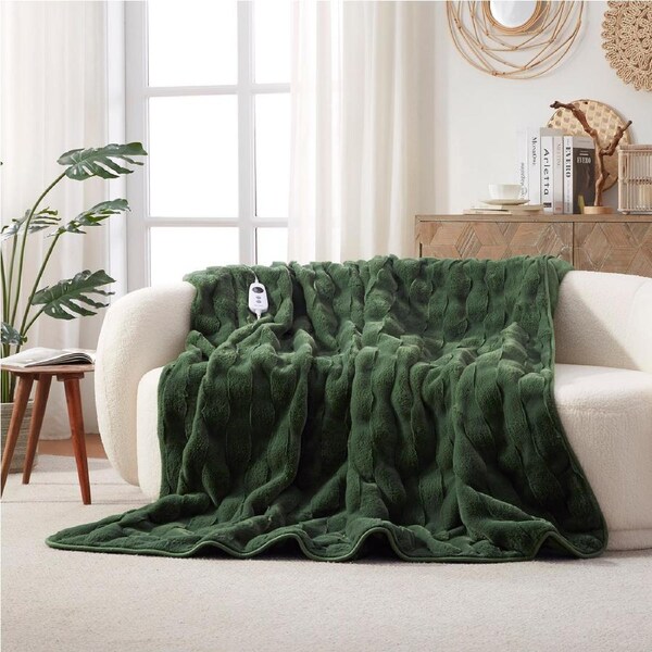 Dreamaker Basketweave Faux Fur Electric Heated Throw Blanket Olive 180x200cm