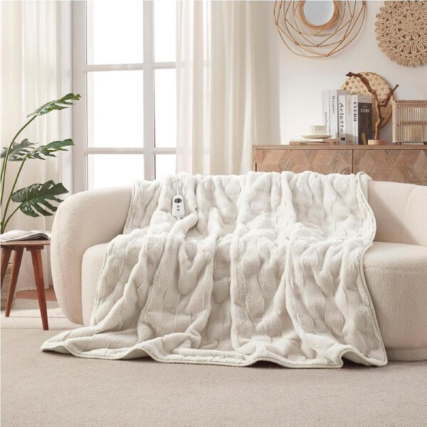 Dreamaker Basketweave Faux Fur Electric Heated Throw Blanket Cream 180x200cm