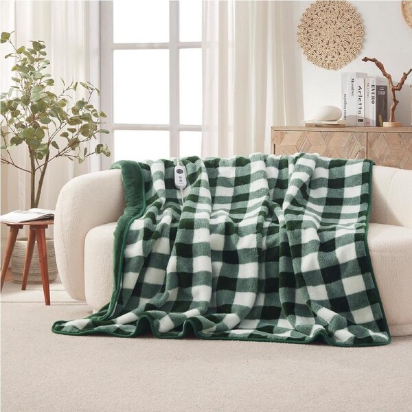 Dreamaker Gingham Plush Heated Throw Green - 180x200cm