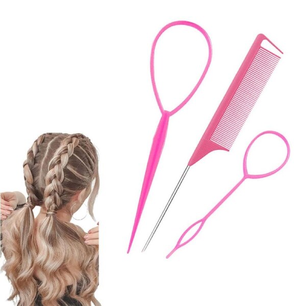Beakey 2 Pcs French Braid Loop + 1 Pcs Rat Tail Comb for Hair Styling-Pink