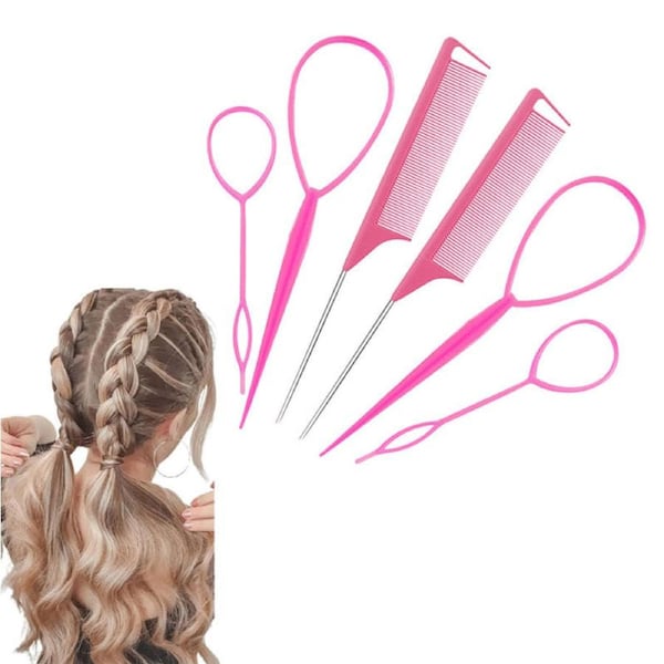 Beakey 4 Pcs French Braid Loop + 2 Pcs Rat Tail Comb for Hair Styling-Pink
