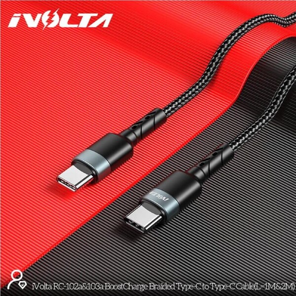 Bundle of 3x - iVolta [RC-103a] 60W BoostCharge 2m Braided Type-C to Type-C Cable