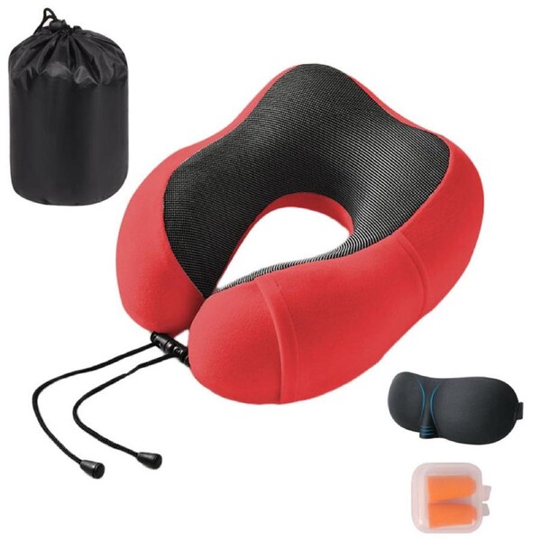 Catzon Travel Neck Pillow Premium Memory Foam for Airplane Car Office-Red