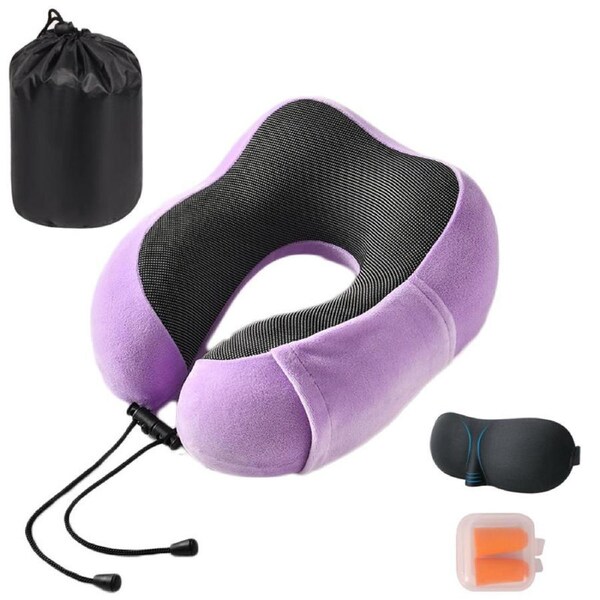 Catzon Travel Neck Pillow Premium Memory Foam for Airplane Car Office-Light Purple