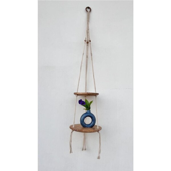 Lho Macram? Hanging Shelf 2-Tier Wooden Floating Shelf