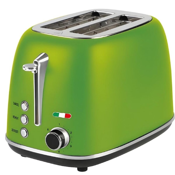 Vintage 2 Slice Toaster - Lime Green Stainless Steel, 825W - Extra Wide Slots, 6 Browning Levels, Defrost & Reheat, High-Lift Lever