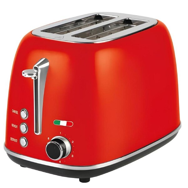 Vintage 2 Slice Toaster - Red Stainless Steel, 825W - Extra Wide Slots, 6 Browning Levels, Defrost & Reheat, High-Lift Lever