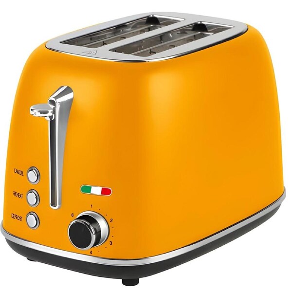 Vintage 2 Slice Toaster - Orange Stainless Steel, 825W - Extra Wide Slots, 6 Browning Levels, Defrost & Reheat, High-Lift Lever
