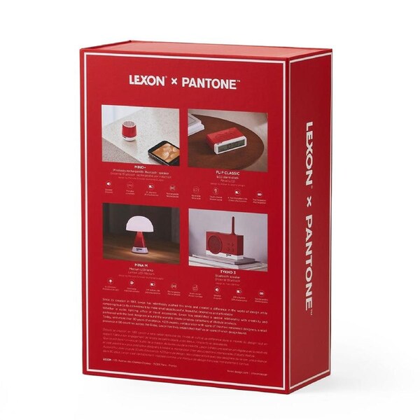 Lexon GIFT Set PANTONE - Includes Mino+ Mini Speaker, Flip Classic Clock, Mina M Lamp, Thykho 3 Speaker - 2035 Red