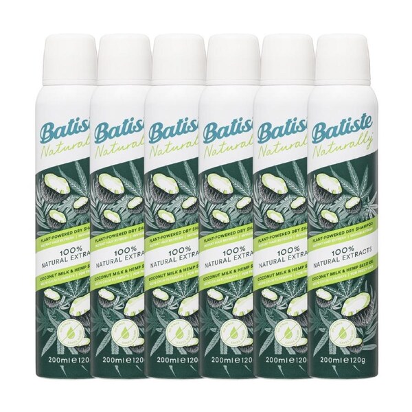 6 x Batiste Naturally Dry Shampoo Coconut Milk & Hemp Seed Oil 200mL