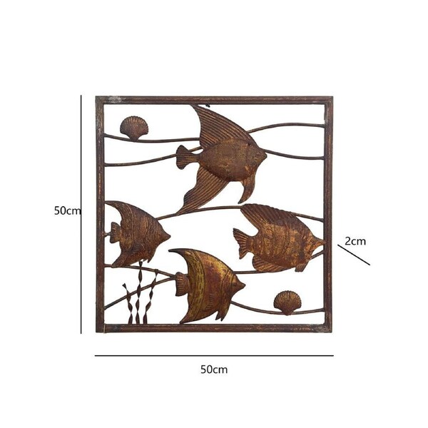 Willow & Silk Metal 50cm Rustic Square Fish School Wall Art