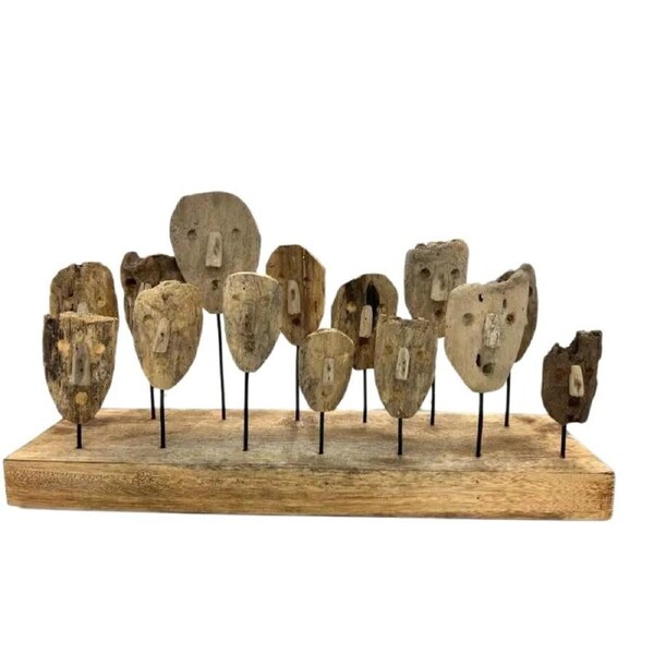 Willow & Silk Handmade Wooden 60cm Natural 'Mask Faces' Figurines