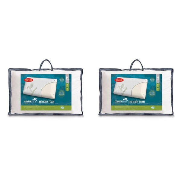 2PK Tontine Comfortech Bamboo Cover Memory Foam Pillow Medium Height White