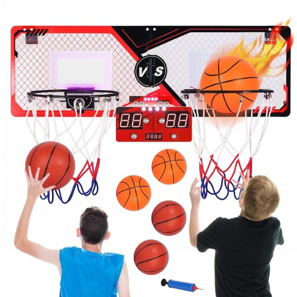 Advwin Indoor Mini Basketball Hoop, 2-Player Over the Door Basketball Board with 4 Balls-LED Light -Scoreboard-2 Modes, Ball Game Set Birthday Gifts for Kids