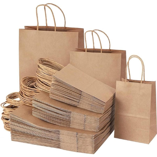 50PCS Brown Paper Bags with Handles Gift Bags Kraft Paper Grocery Bags Bulk 15x8x21cm