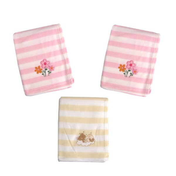 Living Home for Baby Girls Flowers and Bear Pack of 3 Embroidered Polar fleece Stripe Cot Blankets 100 x 140cm