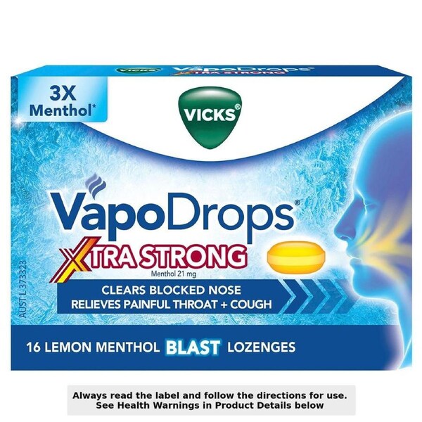 Vicks VapoDrops Xtra Strong Lemon Menthol Blast Lozenges 16 Pack
