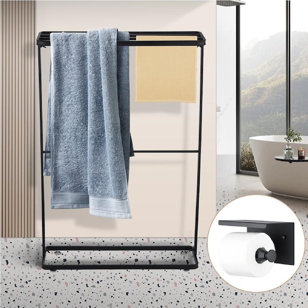 ACA Black 2 Tiers Free Standing Towel Rack Drying Shelf Towel Holder Hanger Storage w/ Toilet Paper Holder Bathroom Restroom