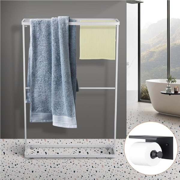 ACA White 2 Tiers Free Standing Towel Rack Drying Shelf Towel Holder Hanger Storage w/ Toilet Paper Holder Bathroom Restroom