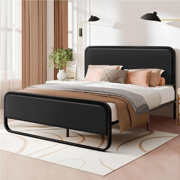 ALFORDSON Metal Bed Frame King Size Upholstered Headboard Black Leather MADGE