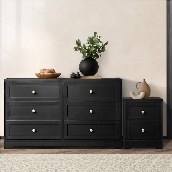 Oikiture 6 Chest of Drawers and Bedside Table Hamptons Furniture Set Black
