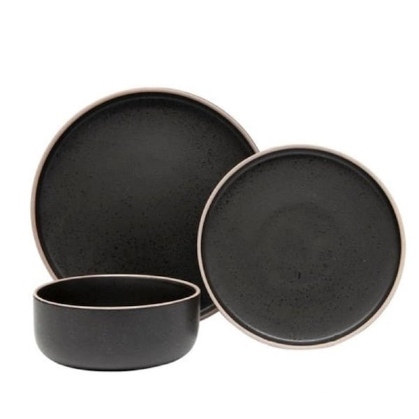 Salt & Pepper Dinner Set Stoneware 12pc Dining Set - Dinner Side Dish Plates/Bowls Black Dinnerware