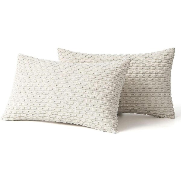 Catzon 2 Pcs Throw Pillow Covers Soft Striped Corduroy Cushion Case for Couch-Beige