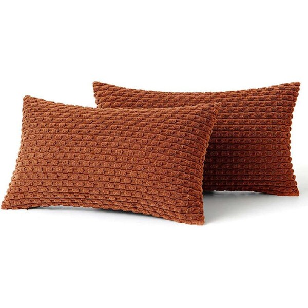 Catzon 2 Pcs Throw Pillow Covers Soft Striped Corduroy Cushion Case for Couch-Brick Red