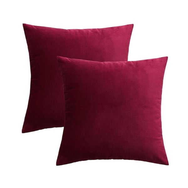 Catzon 2 Pcs Square Throw Pillow Covers Solid Soft Velvet for Spring Sofa-Wine Red