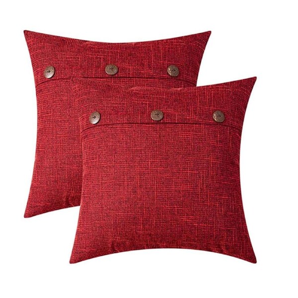 Catzon 2 Pcs Decorative Linen Throw Pillow Covers Triple Button for Sofa Bed-Dark Red