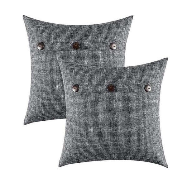 Catzon 2 Pcs Decorative Linen Throw Pillow Covers Triple Button for Sofa Bed-Dark Grey