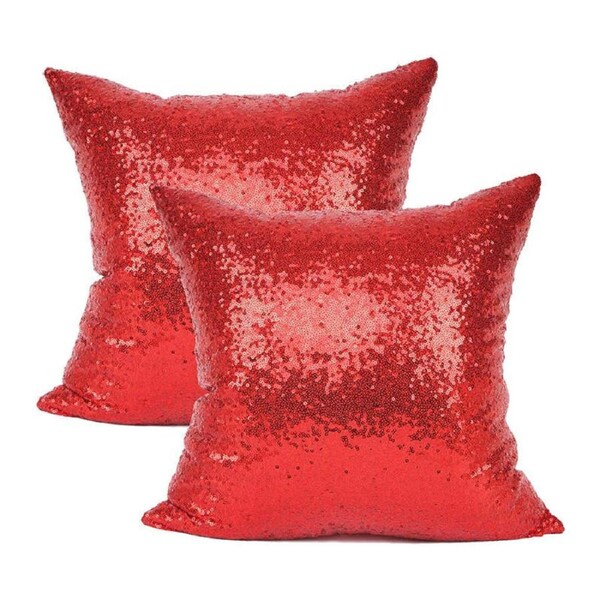 Catzon 2 Pcs Glitzy Sequin Throw Pillow Covers Solid for Wedding/Christmas-Red
