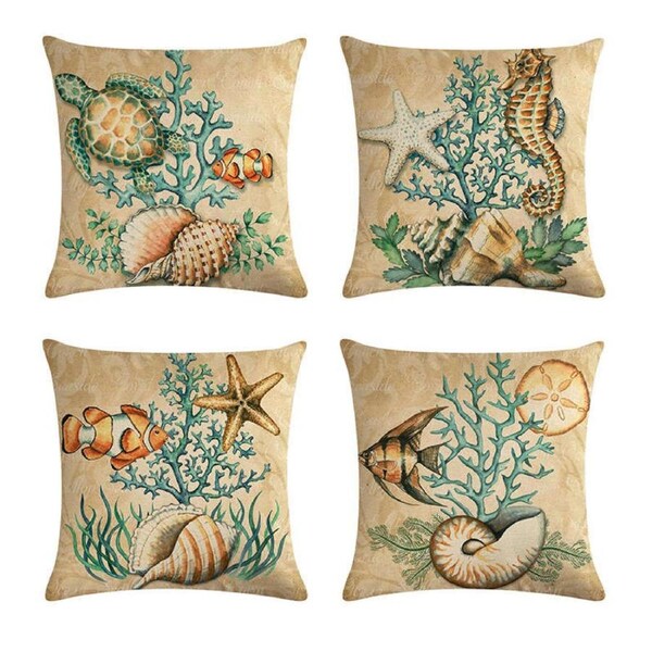 Catzon 4 Pcs Sea Theme Throw Pillow Covers Square Linen Pillowcase for Couch-C