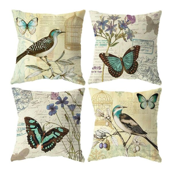 Catzon 4 Pcs Vintage Floral Pillow Covers Cotton Linen Pillowcases for Couch-I